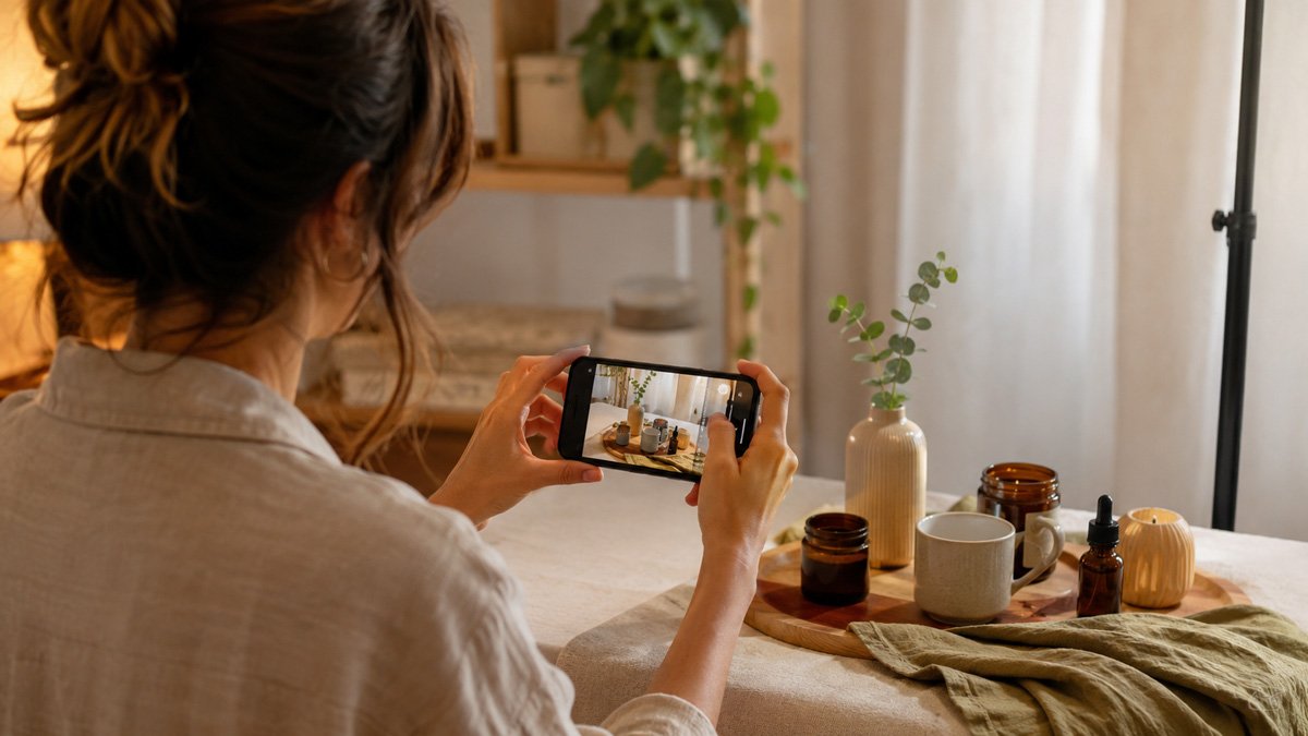 Mujer grabando con móvil una composición de tazas, velas y frascos en una mesa para contenido de producto