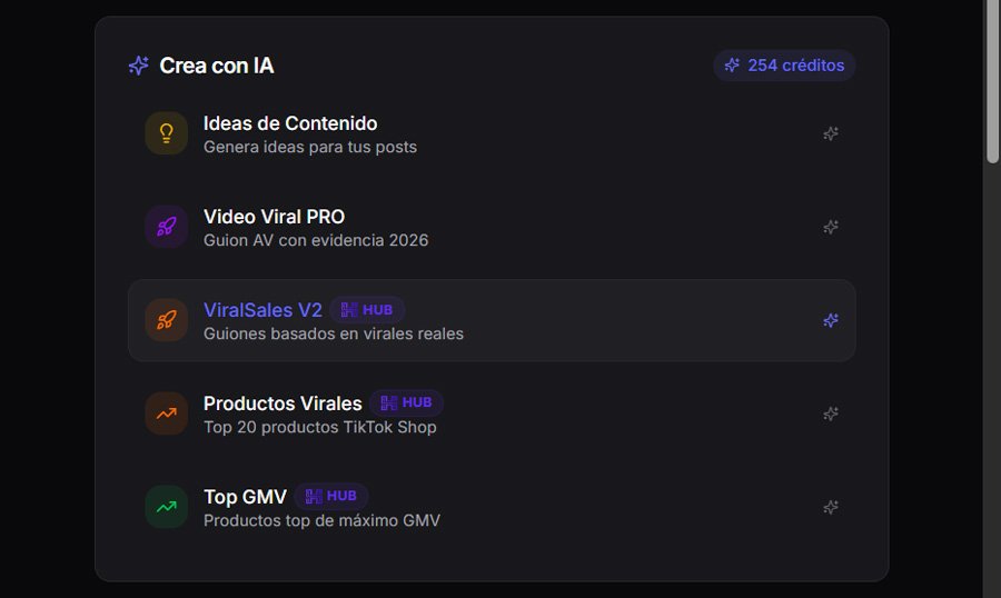 Panel oscuro de IA con opciones para crear guiones virales en TikTok Shop como ViralSales V2 y Video Viral PRO