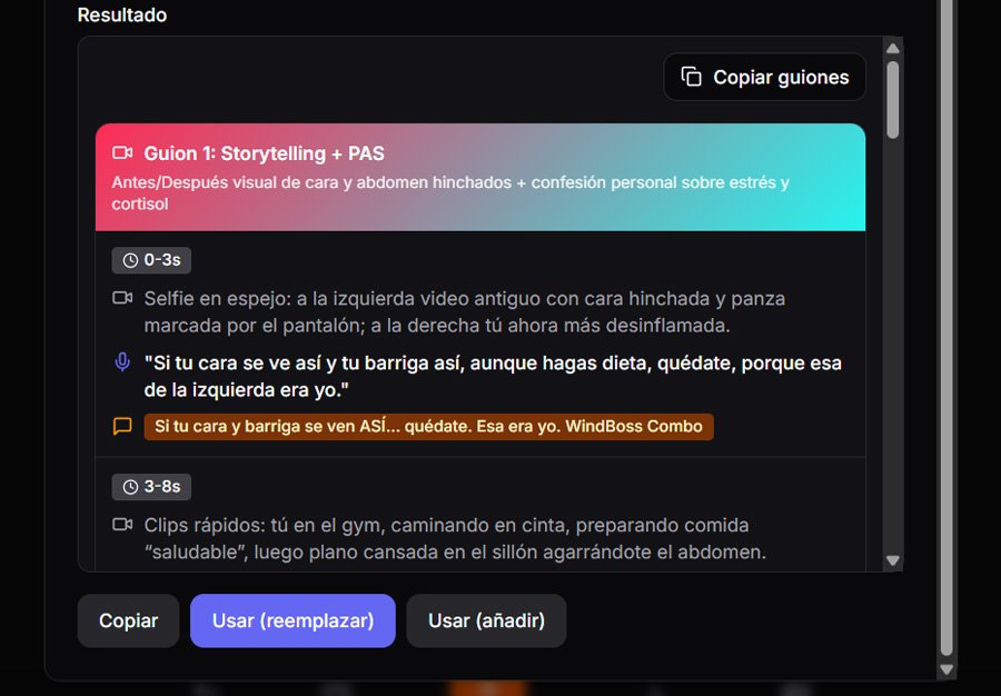 Interfaz mostrando resultado de guion para TikTok con título Guion 1: Storytelling + PAS y botones Copiar y Usar