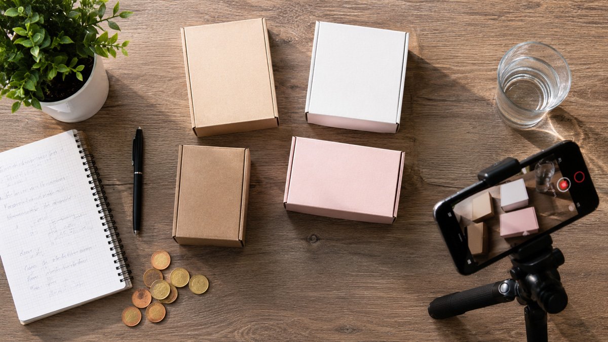 Smartphone en trípode grabando pequeñas cajas sobre una mesa con cuaderno y monedas Smartphone en trípode grabando pequeñas cajas sobre una mesa con cuaderno y monedas