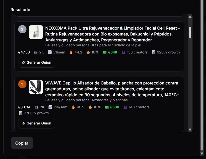 Pantalla con lista de productos y métricas de ventas en TikTok Shop mostrando precios, crecimiento y botón Generar Guion Pantalla con lista de productos y métricas de ventas en TikTok Shop mostrando precios, crecimiento y botón Generar Guion