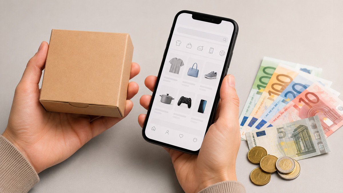 Manos sosteniendo una caja pequeña y un móvil con pantalla de tienda online junto a billetes y monedas en euros Manos sosteniendo una caja pequeña y un móvil con pantalla de tienda online junto a billetes y monedas en euros