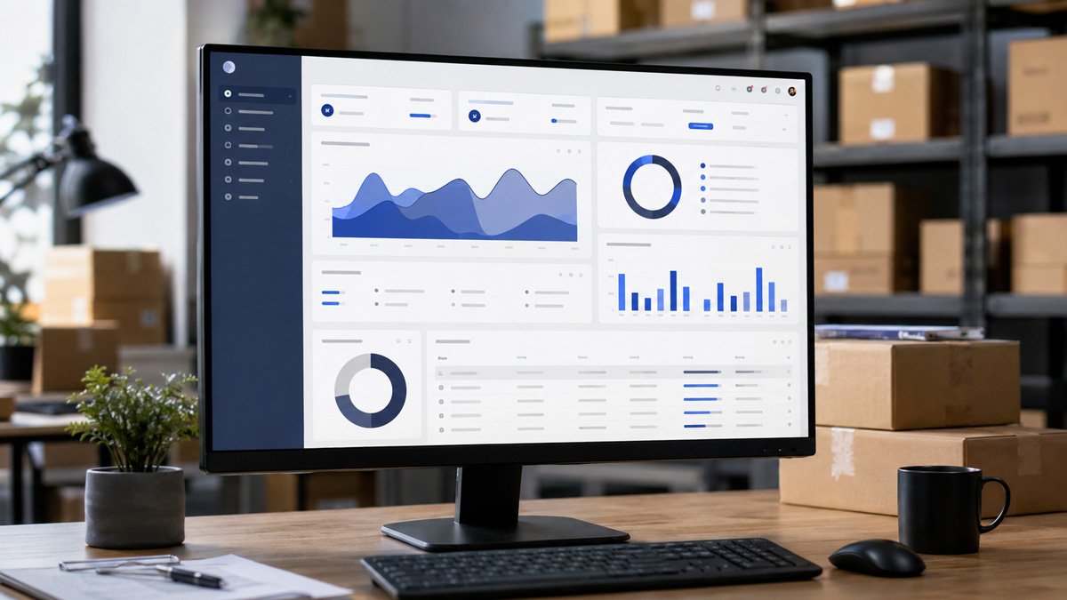 Pantalla con panel de analíticas y gráficos de ventas en un escritorio con cajas de almacén