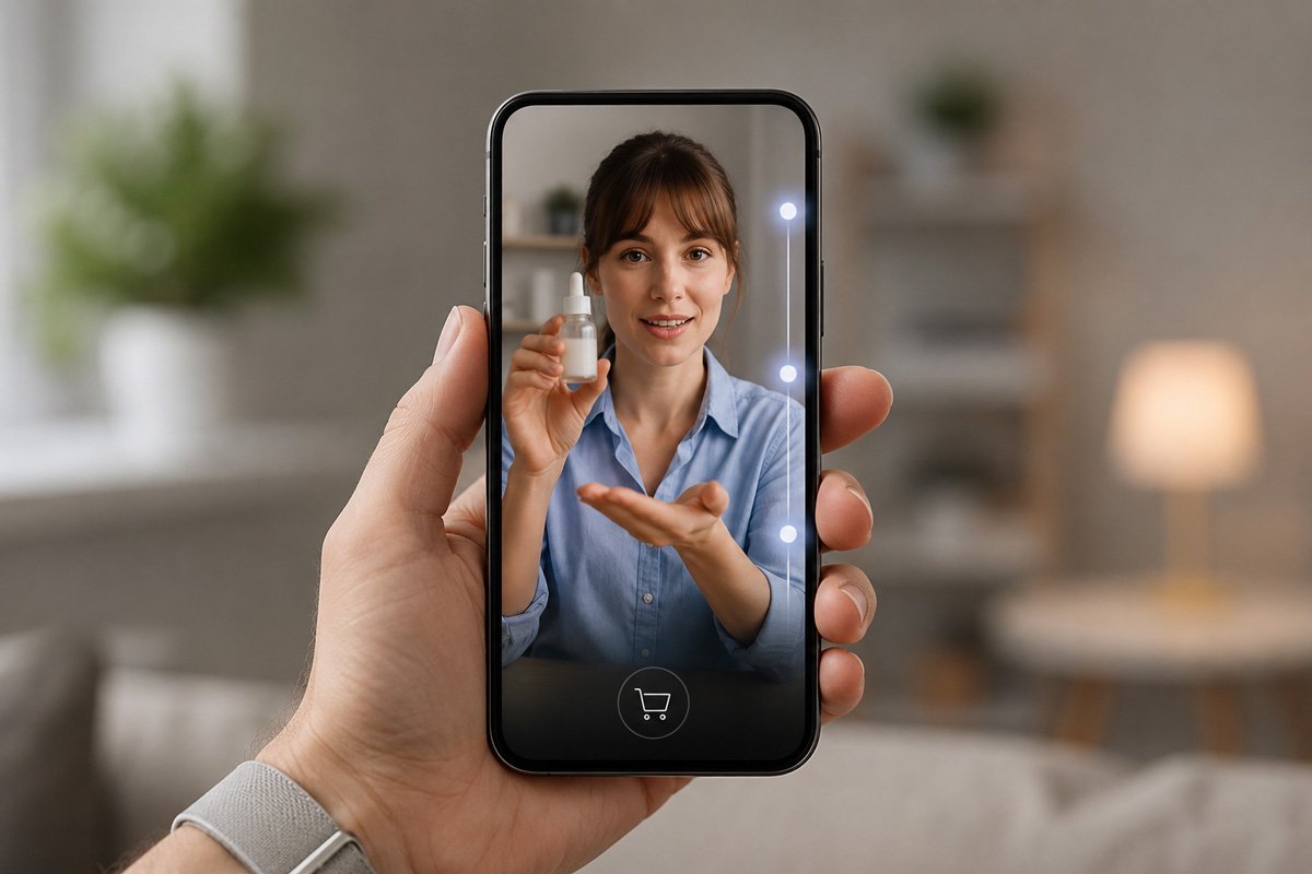Mujer en video de venta mostrando un frasco con gotero en la pantalla de un smartphone con icono de compra