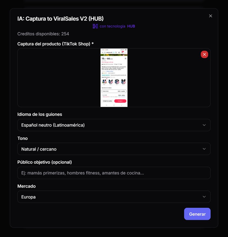 Interfaz de IA para generar guiones con captura de producto de TikTok Shop y ajustes de idioma, tono y mercado